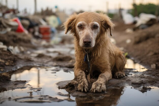 Photo un chien joue dans une flaque d'eau sale.