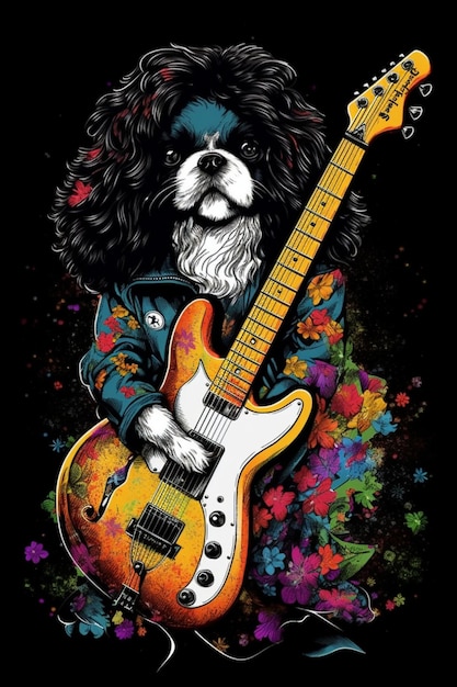 Un chien joue de la guitare sur fond noir.