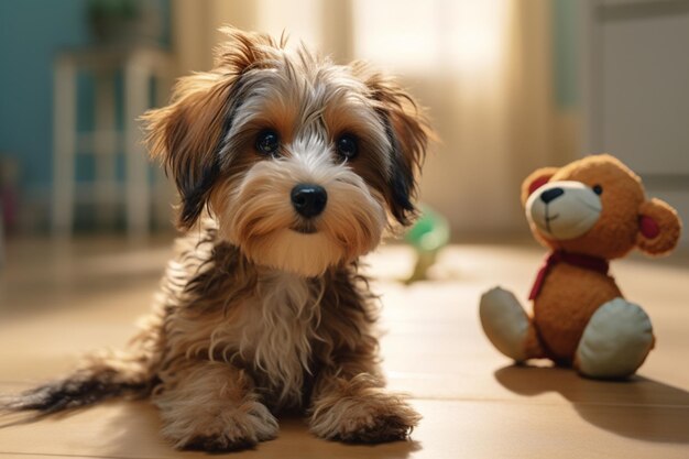 Un chien jouet avec un compagnon jouet placé devant