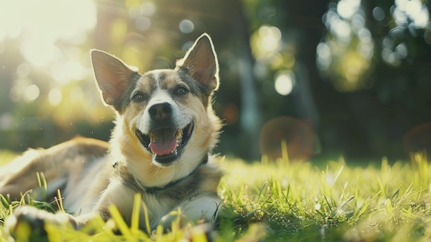 Un chien joyeux allongé dans l'herbe au soleil avec une expression de joie contagieuse