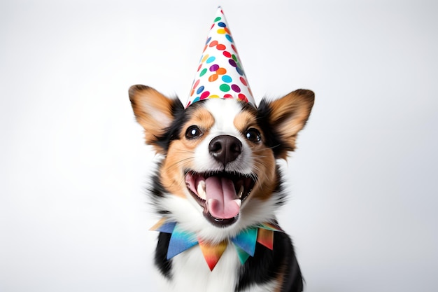 Un chien joyeux portant un chapeau d'anniversaire lumineux, la langue s'allongeant sur un fond blanc de pantalon joyeux.