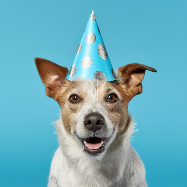 Un chien joyeux portant un chapeau d'anniversaire lumineux