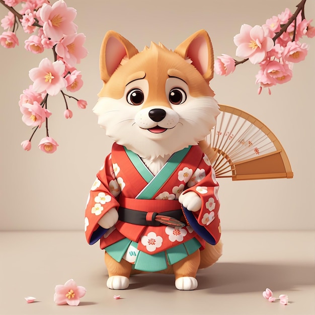 Photo un chien avec un kimono dessus et un ventilateur japonais en arrière-plan