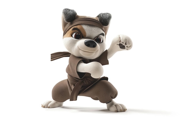 Un chien de Kung Fu humoristique en 3D s'équilibrant sur une patte tout en pratiquant la boxe à l'ombre