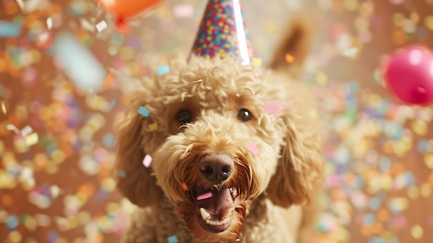 Photo un chien labradoodle mignon et heureux portant un chapeau de fête célébrant à une fête d'anniversaire surr ia générative