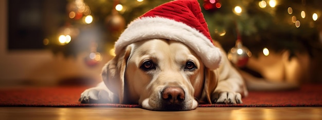 Un chien labrador joyeux est assis sur le fond de Noël Banner IA générative