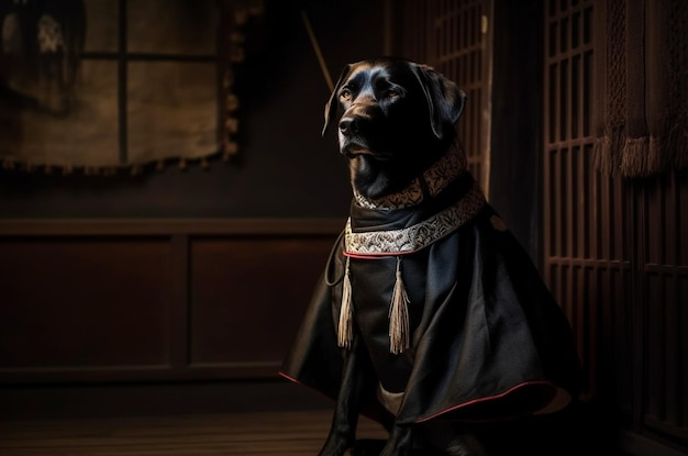 Chien labrador noir en vêtements traditionnels japonais Generative AI