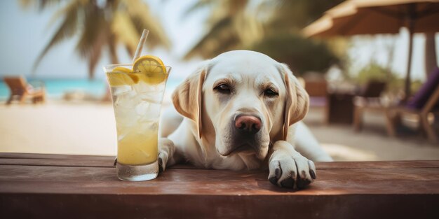 Le chien Labrador Retriever est en vacances d'été dans une station balnéaire et se repose sur la plage d'été d'Hawaï