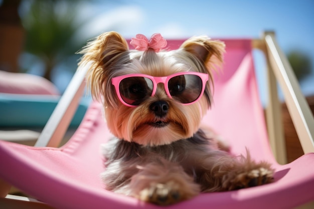 Photo chien laidback yorkshire_terrier se détendre en vacances sur la plage generative ai