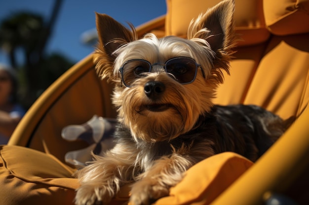 Chien LaidBack Yorkshire_Terrier Se détendre en vacances sur la plage Generative AI