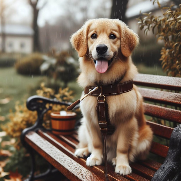 un chien avec une laisse assis sur un banc