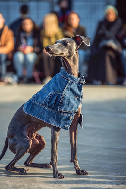 Un chien de lévrier drôle défilant sur un défilé de mode