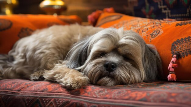 Photo le chien lhasa apso dort paisiblement sur un canapé plush et confortable.