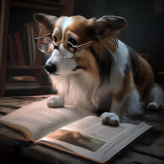 Un chien lit un livre avec une photo de chien dessus.