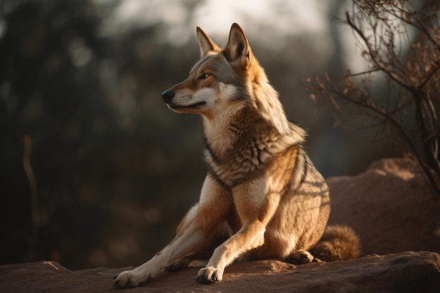 Un chien-loup est assis sur un rocher dans le désert.