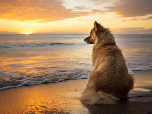 Un chien loyal regardant le coucher de soleil sur une plage de sable