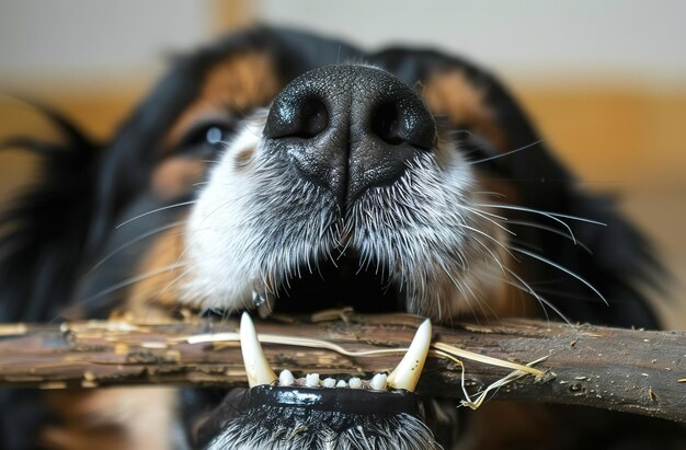 Un chien ludique avec un os dans sa bouche capturé dans un cadre magnifique la photo parfaite pour les amateurs d'animaux de compagnie et les amateurs de nature