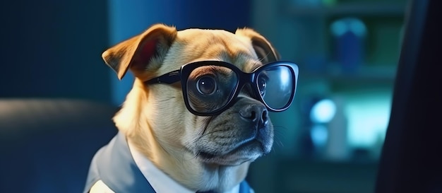 Chien avec des lunettes au bureau AI générative