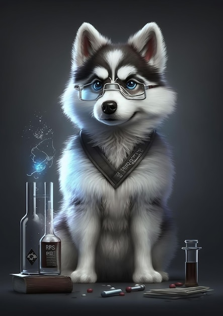 Un chien avec des lunettes et un bandana noir est assis à côté d'une bouteille d'alcool.