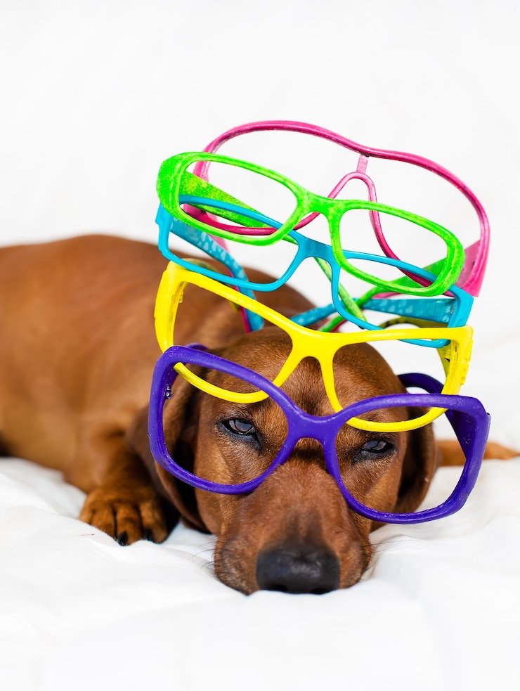 Photo chien avec des lunettes colorées sur la tête