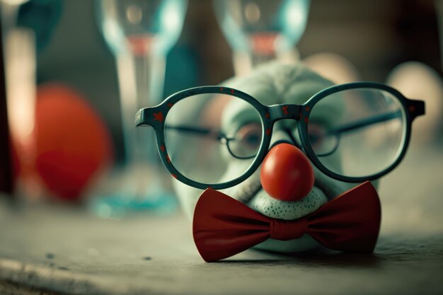 Un chien avec des lunettes et un nez rouge est allongé sur une table avec un verre de vin.