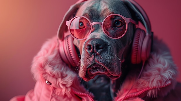 Un chien avec des lunettes roses et des écouteurs dans une veste rose écoute de la musique