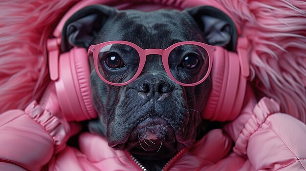Un chien avec des lunettes roses et des écouteurs dans une veste rose écoute de la musique
