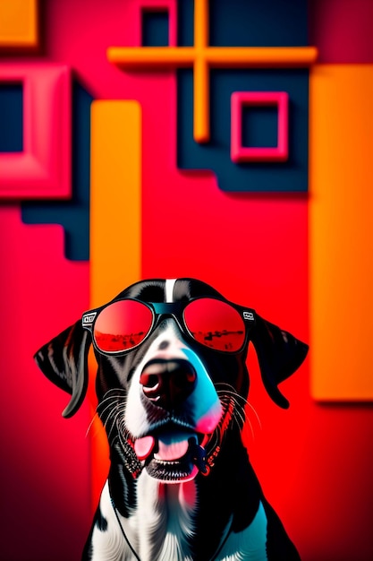 Un chien avec des lunettes rouges et un nez noir se tient devant un mur coloré.