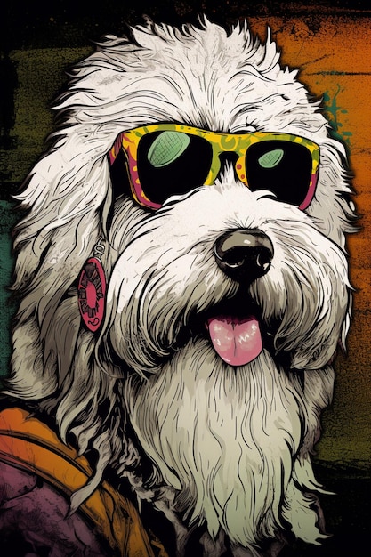 Un chien avec des lunettes de soleil et une chemise qui dit "chien" dessus