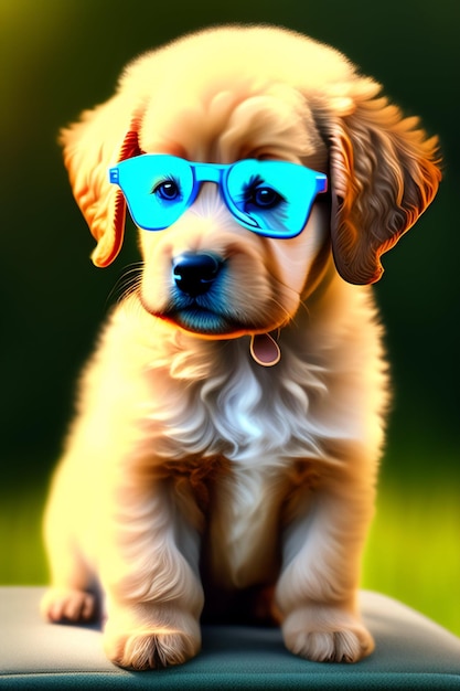 Un chien avec des lunettes de soleil dessus