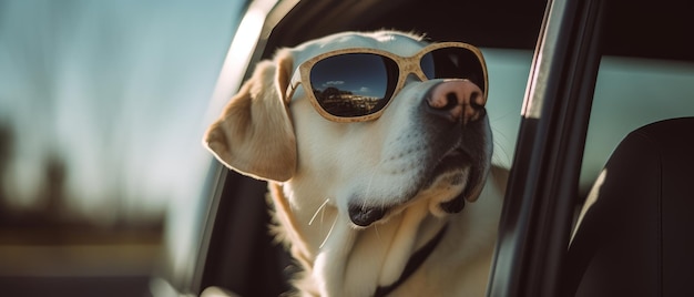 Un chien à lunettes de soleil est assis dans une voiture journée ensoleillée Generative AI