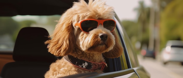 Un chien à lunettes de soleil est assis dans une voiture journée ensoleillée Generative AI