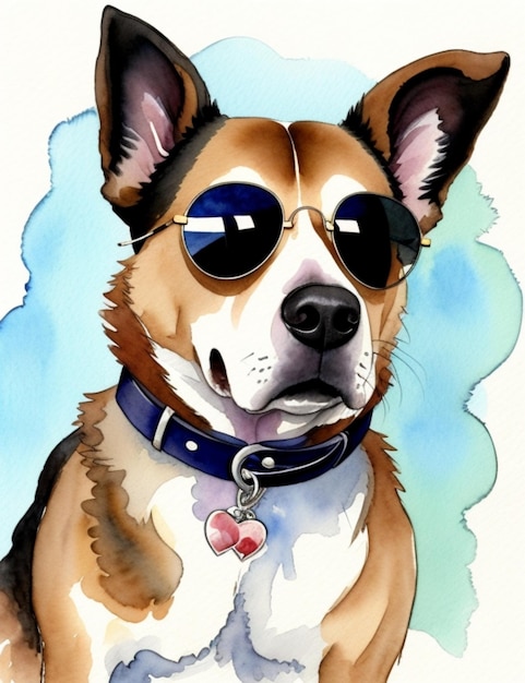 Photo chien avec des lunettes de soleil illustration à l'aquarelle