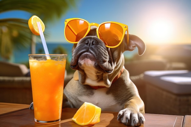 Chien avec des lunettes de soleil sur la plage