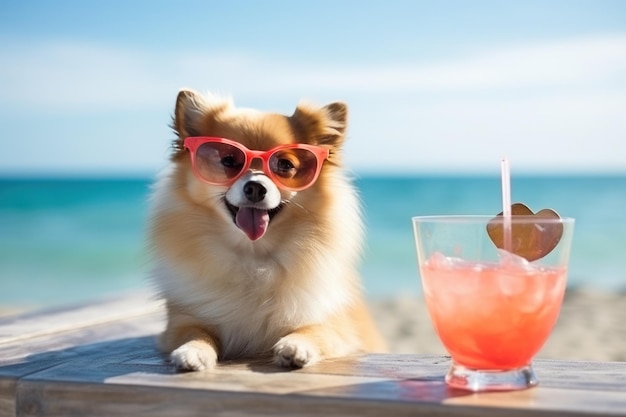 Chien avec des lunettes de soleil sur la plage