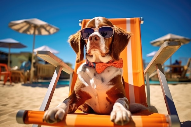 Un chien avec des lunettes de soleil prend le rôle d'un humain en vacances