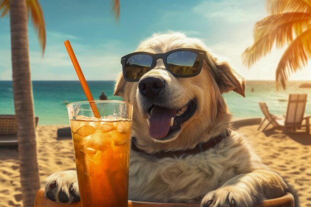 Un chien avec des lunettes de soleil profite de la plage Illustration générée par Ai