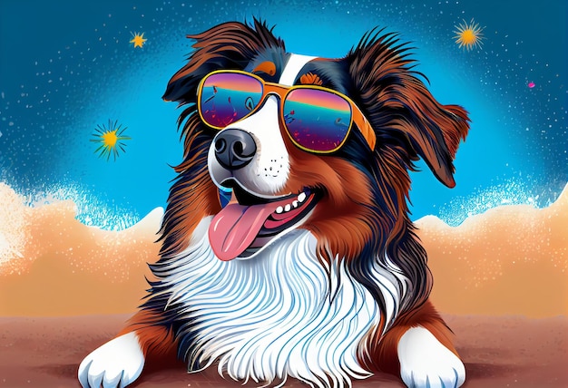 Un chien avec des lunettes de soleil qui dit "border collie" dessus