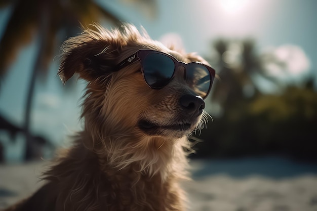 Chien à lunettes de soleil se reposant aux Maldives AI