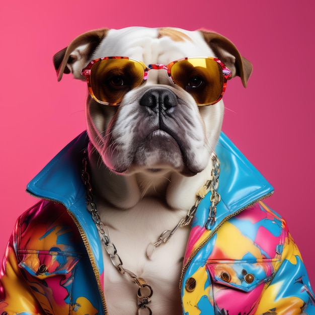 chien en lunettes de soleil avec veste et bulldog