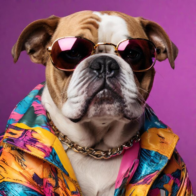chien avec des lunettes de soleil et une veste avec un foulard rose un bulldog français le concept d'un animal de compagnie et un pe