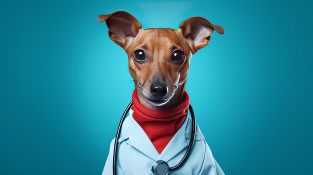 Un chien avec des lunettes avec un stéthoscope dans une veste rouge et un costume de médecin sur un fond bleu Pet