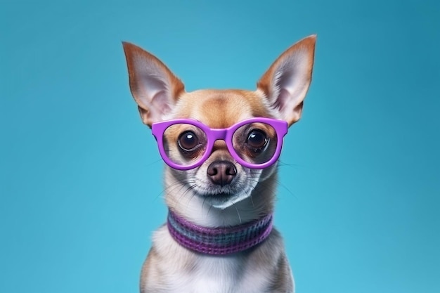 Un chien avec des lunettes violettes dessus