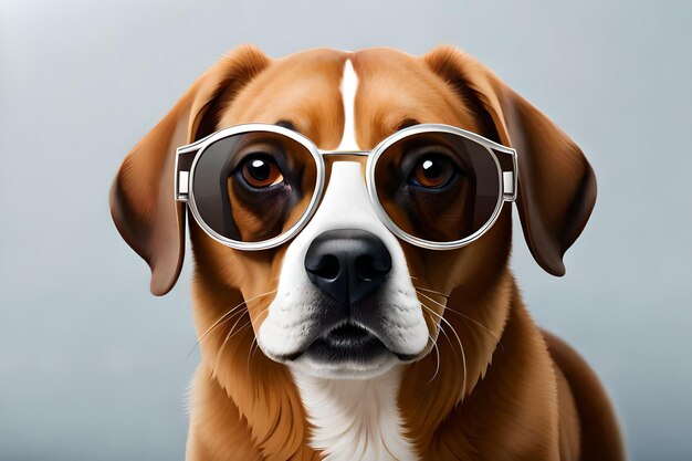 Un chien avec des lunettes et un visage blanc.