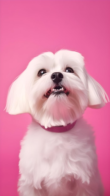 Un chien maltais blanc avec sa bouche ouverte et un fond rose