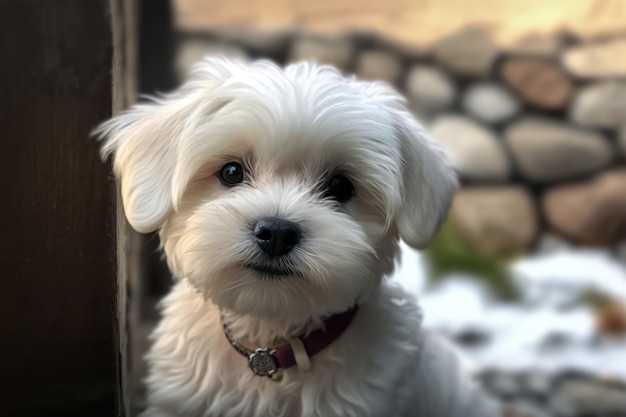 Chien maltease blanc avec collier sur fond flou créé à l'aide de la technologie générative ai