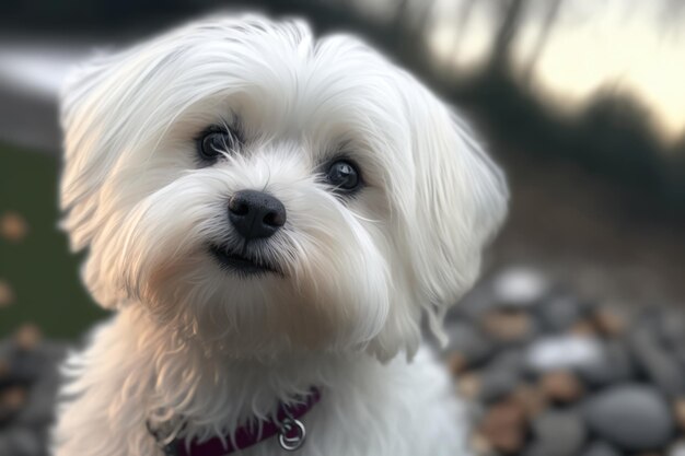 Chien maltease blanc avec collier sur fond flou créé à l'aide de la technologie générative ai