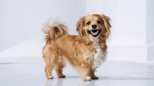 Un chien maltipoo heureux de couleur dorée posant isolé sur un fond blanc concept de race de beauté p
