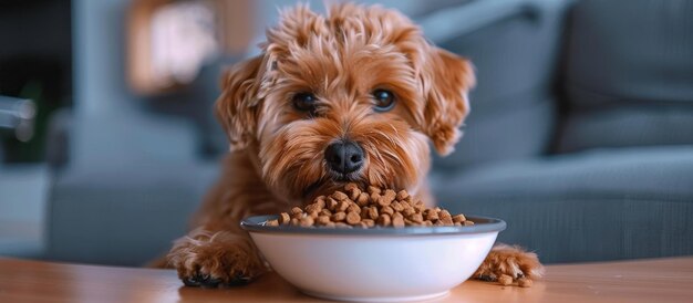 Un chien mange de la nourriture dans un bol