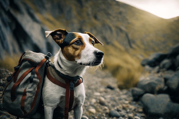 Chien marron et blanc debout au sommet d'une colline rocheuse à côté d'un sac à dos Generative AI